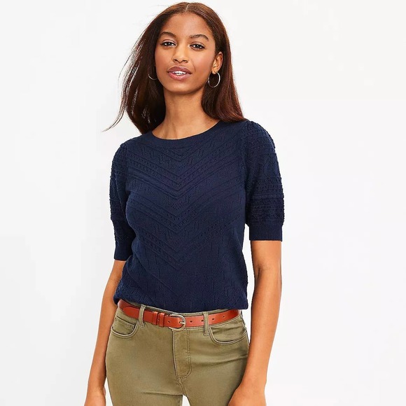 LOFT Sweaters - Loft Pointelle Knit Puff Sleeve Navy Blue Sweater NWT